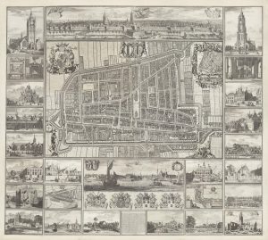 Tweede staat, uit 1702, van de zogenoemde Kaart Figuratief. Een plattegrond van Delft gemaakt in opdracht van het stadsbestuur. Gedrukt op vier koperplaten, met het noordoosten boven. Dit was de meest betrouwbare plattegrond van de stad Delft voor het kadaster ontstond, en is bovendien in Delft vervaardigd. Dit betreft een gemonteerd exemplaar met alle randprenten en profiel.